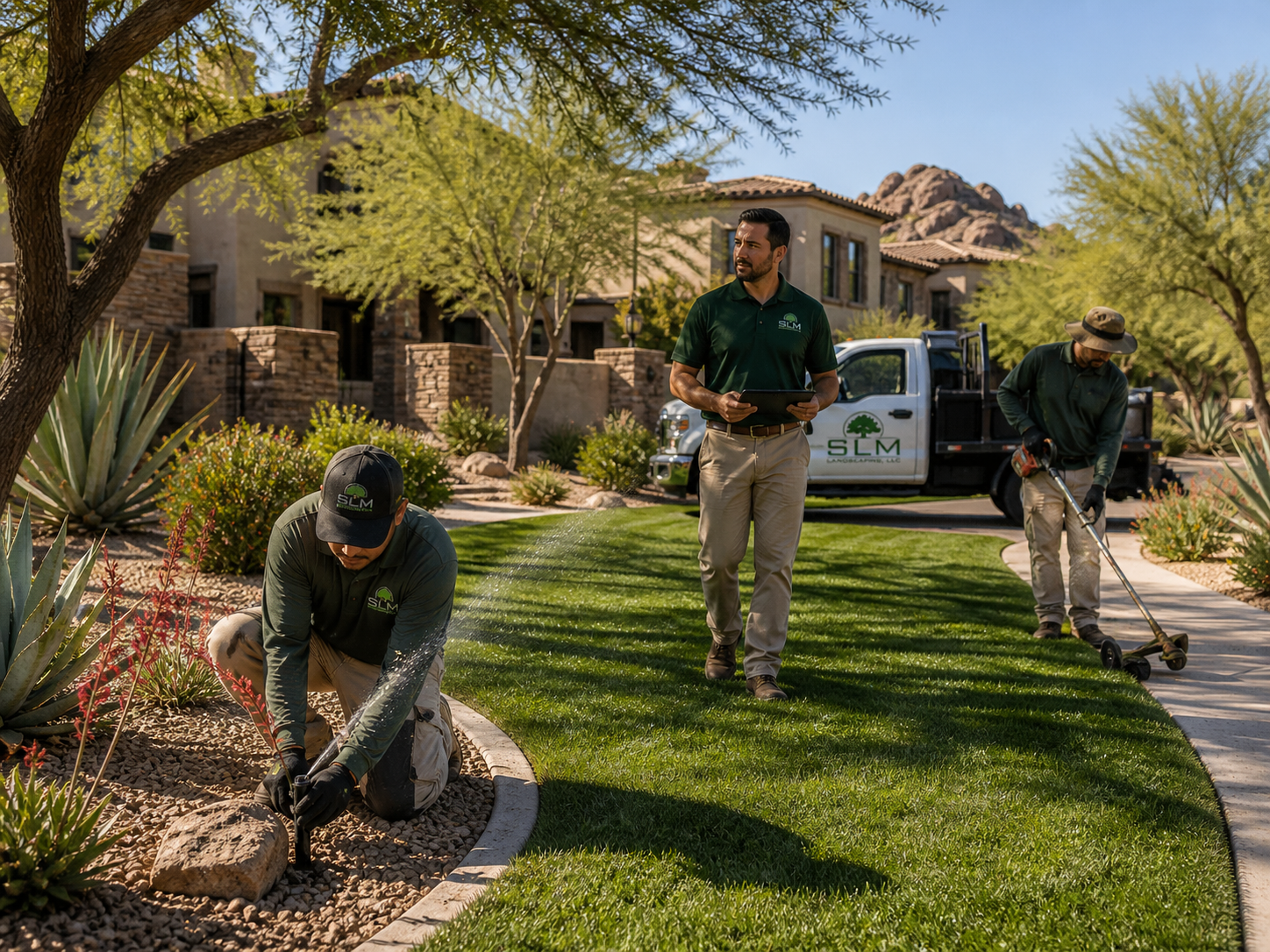 Landscape maintenance crew working on a commercial property in Phoenix